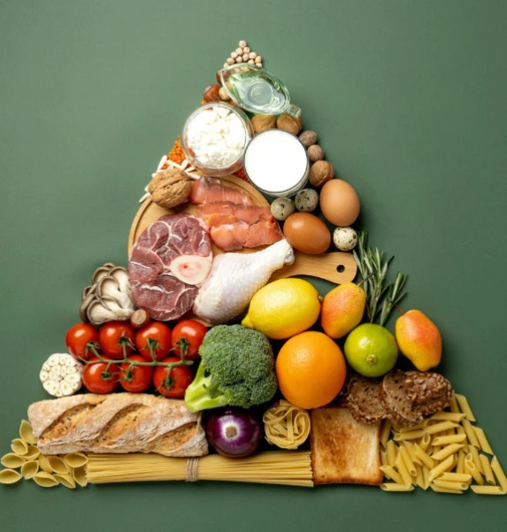 Food pyramid with grains, fruits, vegetables, meat, and dairy