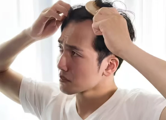Man checks thinning hair in a mirror, looking concerned.