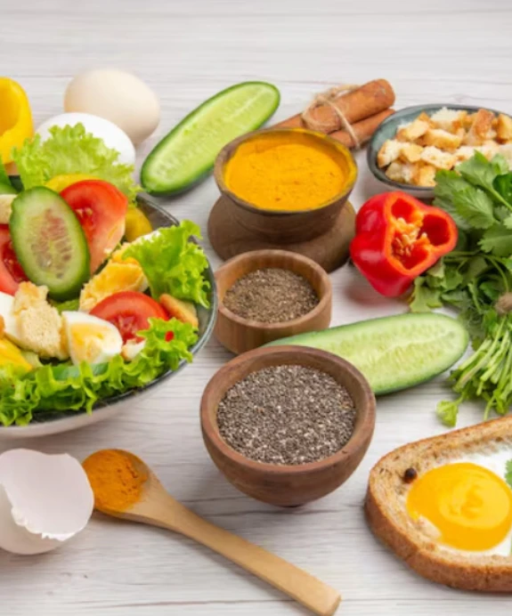Colorful salad with vegetables, seeds, and toast with egg