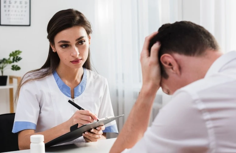 Doctor listens and takes notes as distressed patient holds his head.