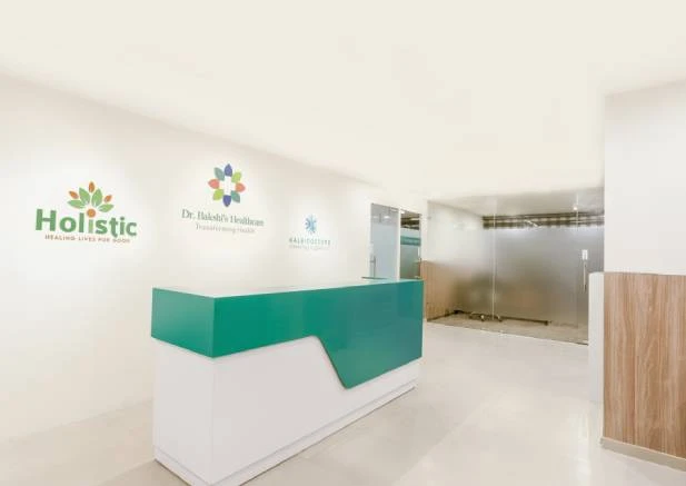 The welcoming entrance and front desk at Dr. Bakshi's Healthcare.