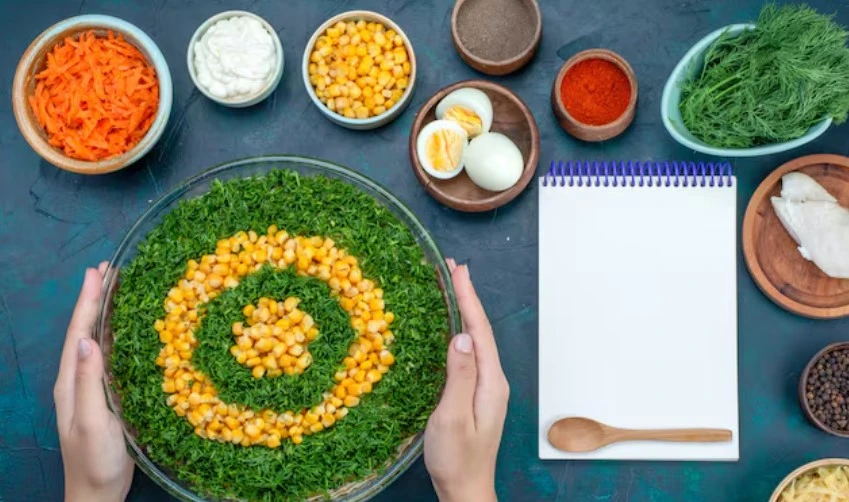 Hands holding salad surrounded by cooking ingredients and notebook