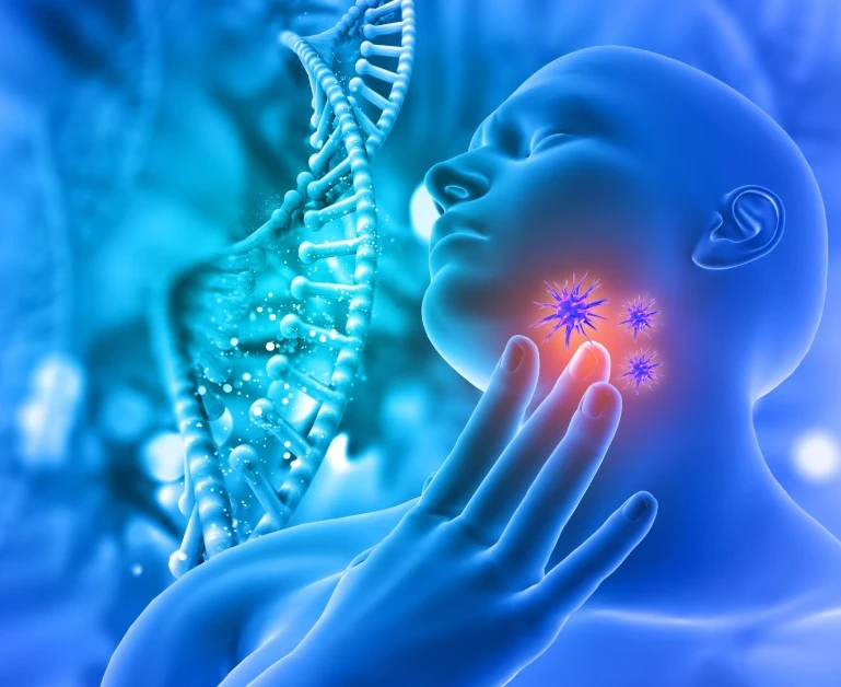 Person holding throat with pain, DNA and virus symbols showing illness
