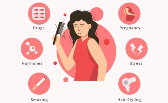 Illustration of a concerned woman holding a hairbrush with hair. Surrounding icons indicate factors affecting hair health: drugs, pregnancy, stress, hormones, smoking, and hair styling.
