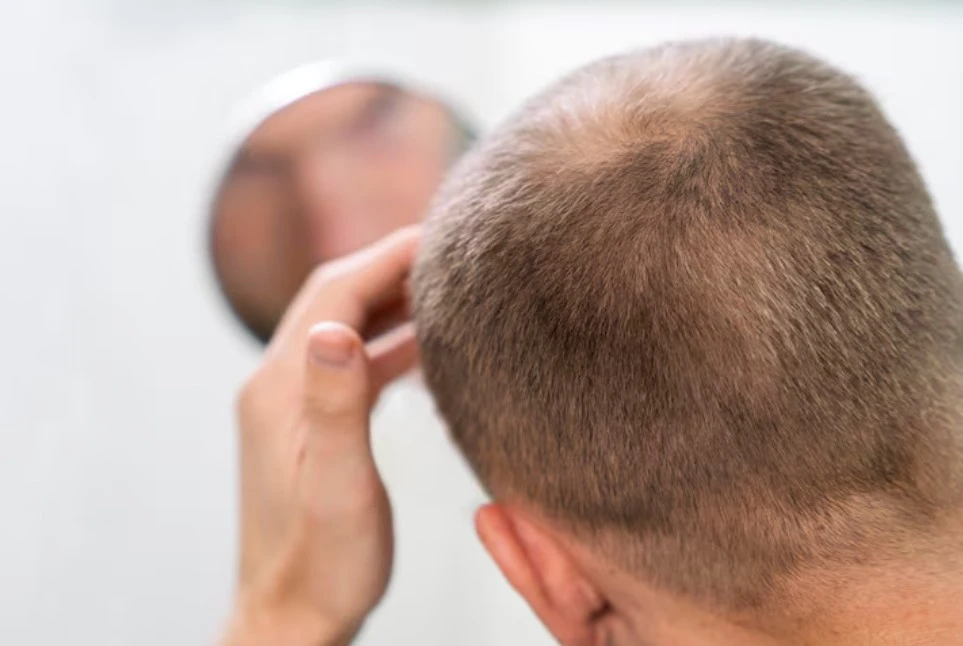Person checking hair thinning in mirror.