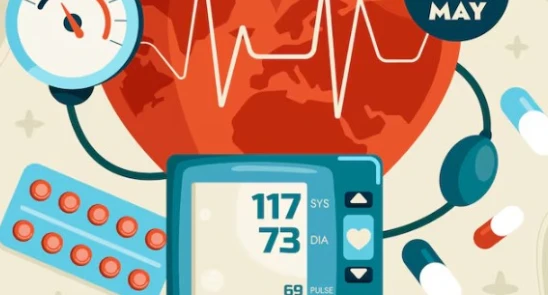 BP monitor 117/73 with heart and medical icons.