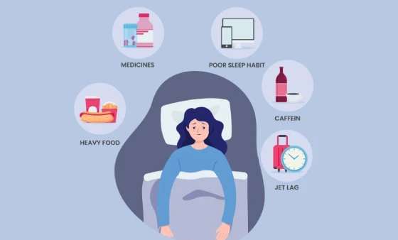 Tired woman in bed with icons for heavy food, meds, poor sleep, caffeine, and jet lag.