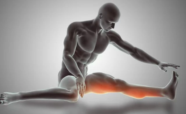 Muscular figure stretching with highlighted leg pain