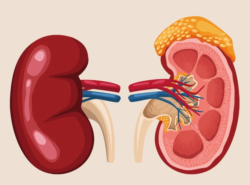 Kidneys illustration showing internal structure and cross-section