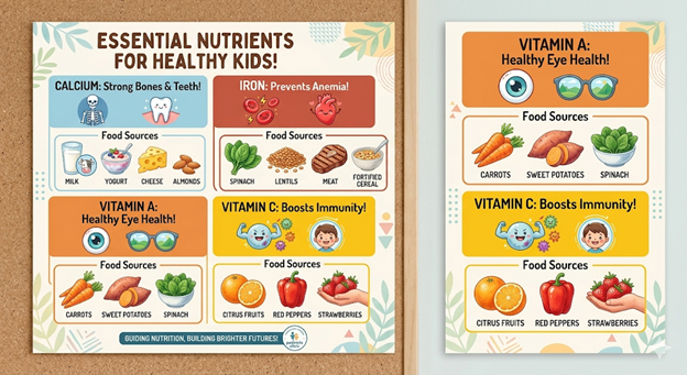 Child nutrition chart with essential nutrients calcium iron and vitamins for kids health