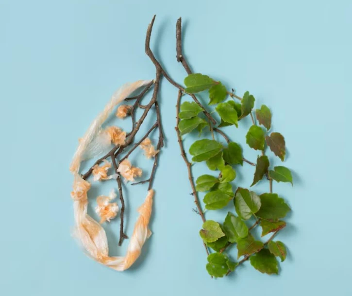 Branches forming lungs with plastic, flowers, and leaves showing environmental concern