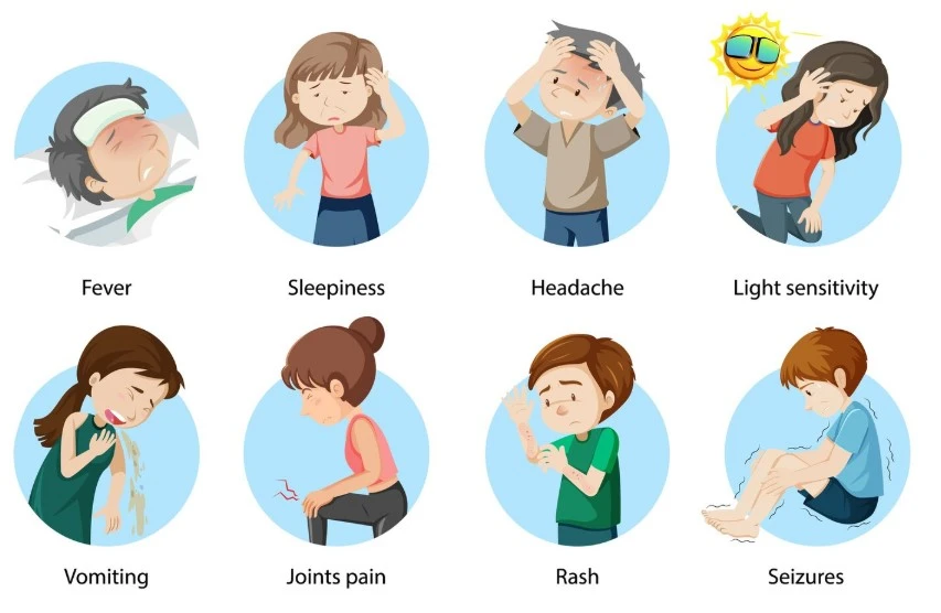 Eight symptom illustrations with discomfort.