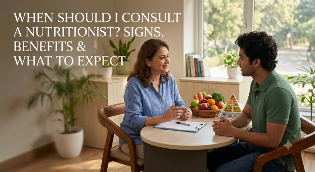 The picture showcases a man consulting a nutritionist.