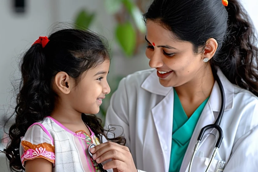 Smiling doctor with stethoscope shares a joyful moment with a young girl.