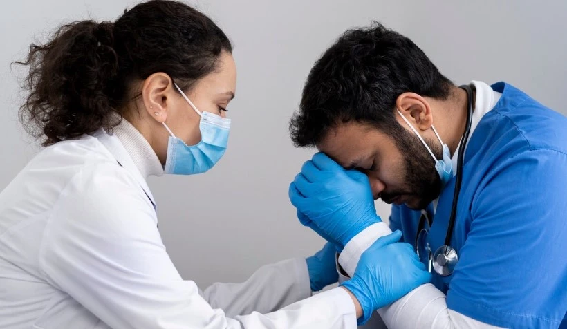 Masked doctor comforts distressed healthcare worker in a medical setting.