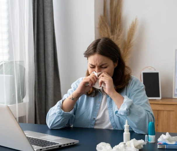 Woman sneezing at desk with tissues and medicine.